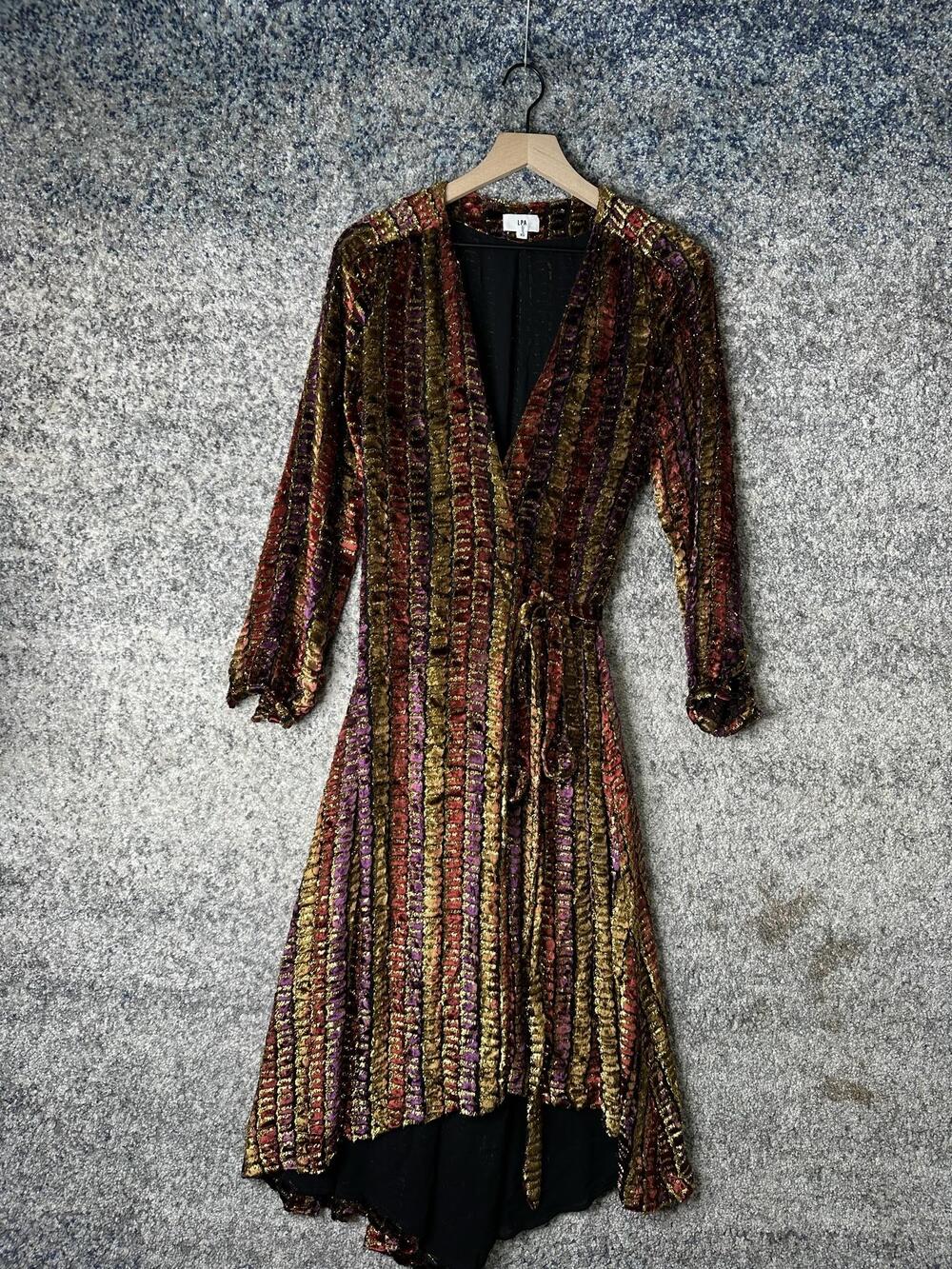 LPA Dress Womens XS Multicolor Velvet Stripe Wrap Hi Low Long Sleeve Cocktail